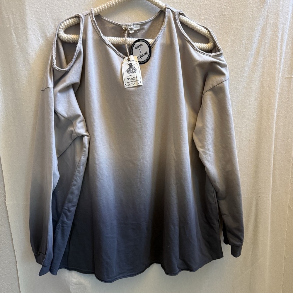 Easel‎ Gray Ombre Distressed Crew Neck Long Cutout Slv Sweatshirt Top Shirt L